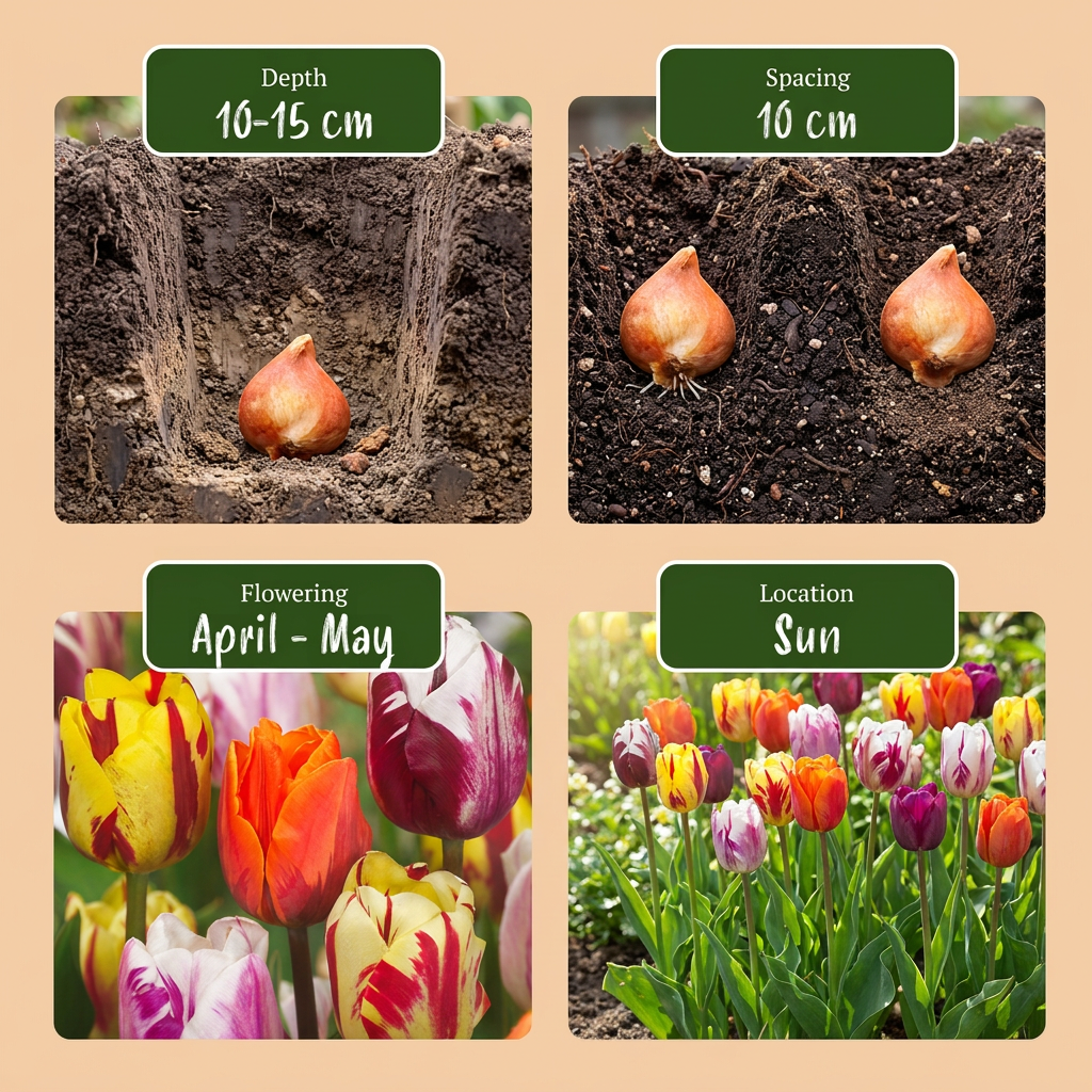 Guide de plantation des bulbes de tulipes 'Flaming Beauty' avec les informations sur la profondeur, l'espacement, la