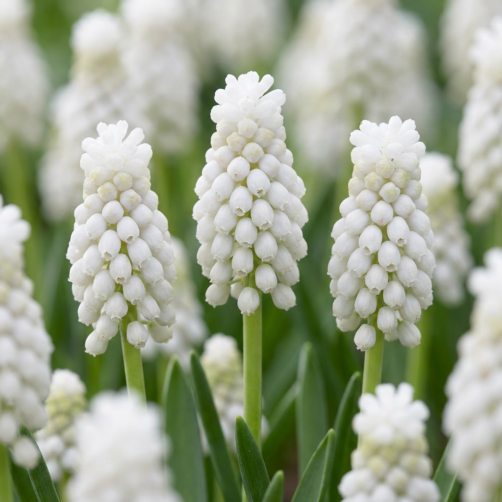 Massif de Muscari 'White Magic' aux fleurs blanches en forme de grappes serrées