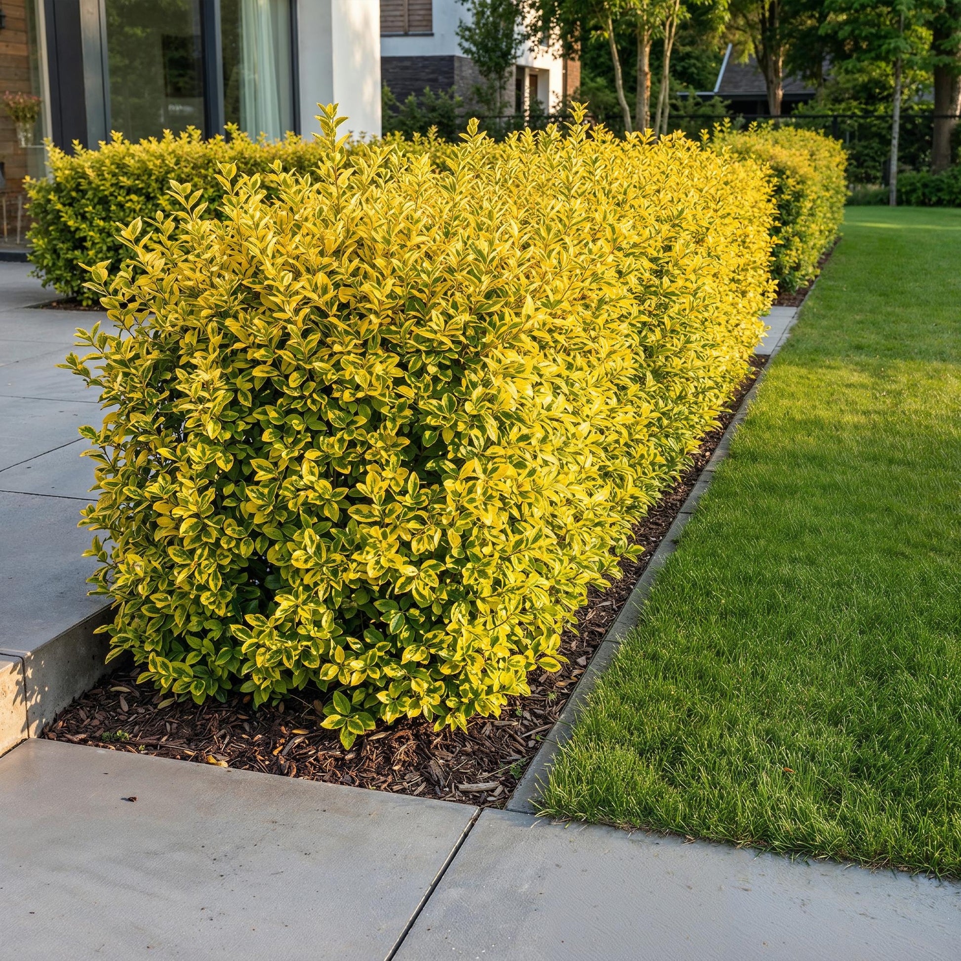 Ligustrum ovalifolium Aureum en haie persistante et panachée le long d'une allée de jardin, avec une pelouse verte.