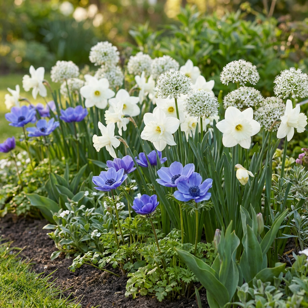 Massif de fleurs avec des anémones bleues, des narcisses blancs et des alliums blancs en boules.