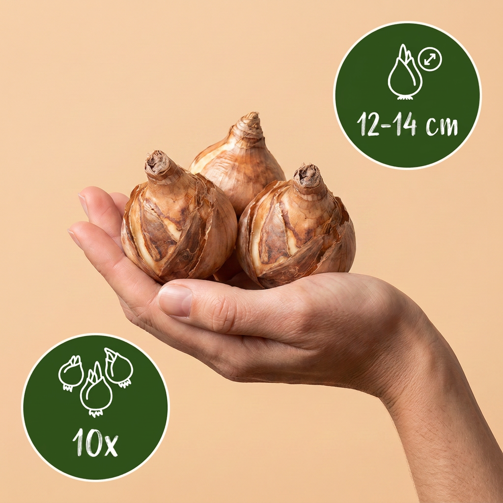 Bulbes de Narcisse 'Macaron Bloss' tenus dans une main, calibre 12-14 cm, lot de 10 bulbes.