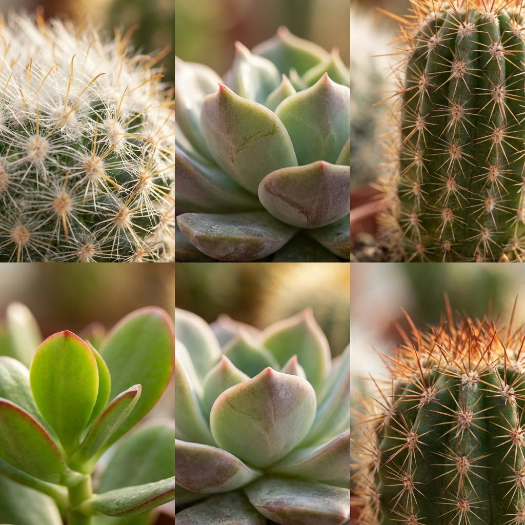 Plusieurs gros plans rapprochés de différentes variétés de Mini Mélange de Cactus & Succulentes, montrant leurs textures variées