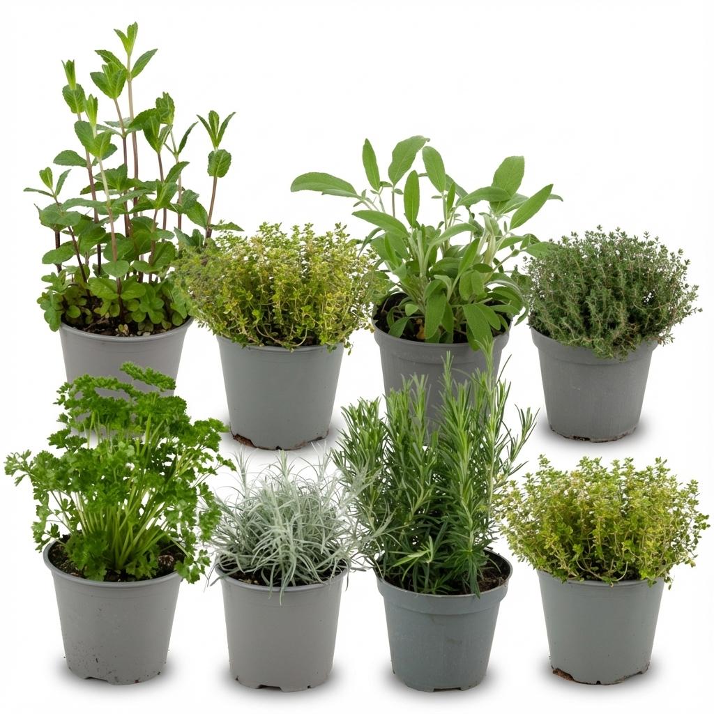 Mélange d'Herbes Italiennes : Lot de 8 plants en pot, comprenant menthe, thym, sauge, romarin, persil et immortelle, sur fond blanc.