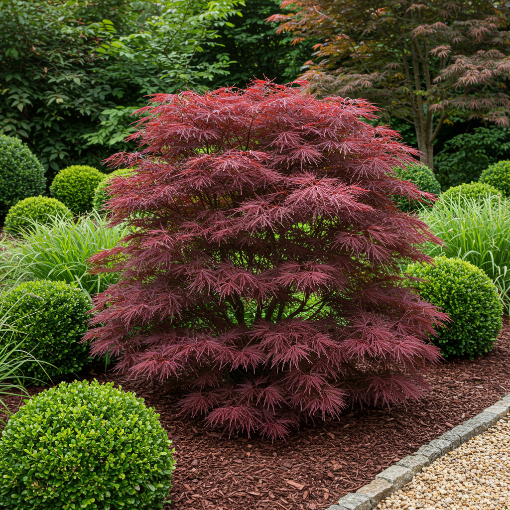 Érable japonais Acer palmatum Sumi-nagashi avec feuillage rouge vif, en situation dans un jardin paysager entouré de buis et de paillis.
