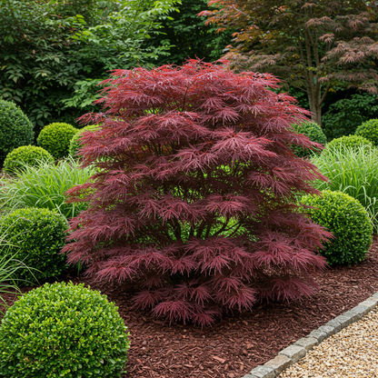 Érable japonais Acer palmatum Sumi-nagashi avec feuillage rouge vif, en situation dans un jardin paysager entouré de buis et de paillis.