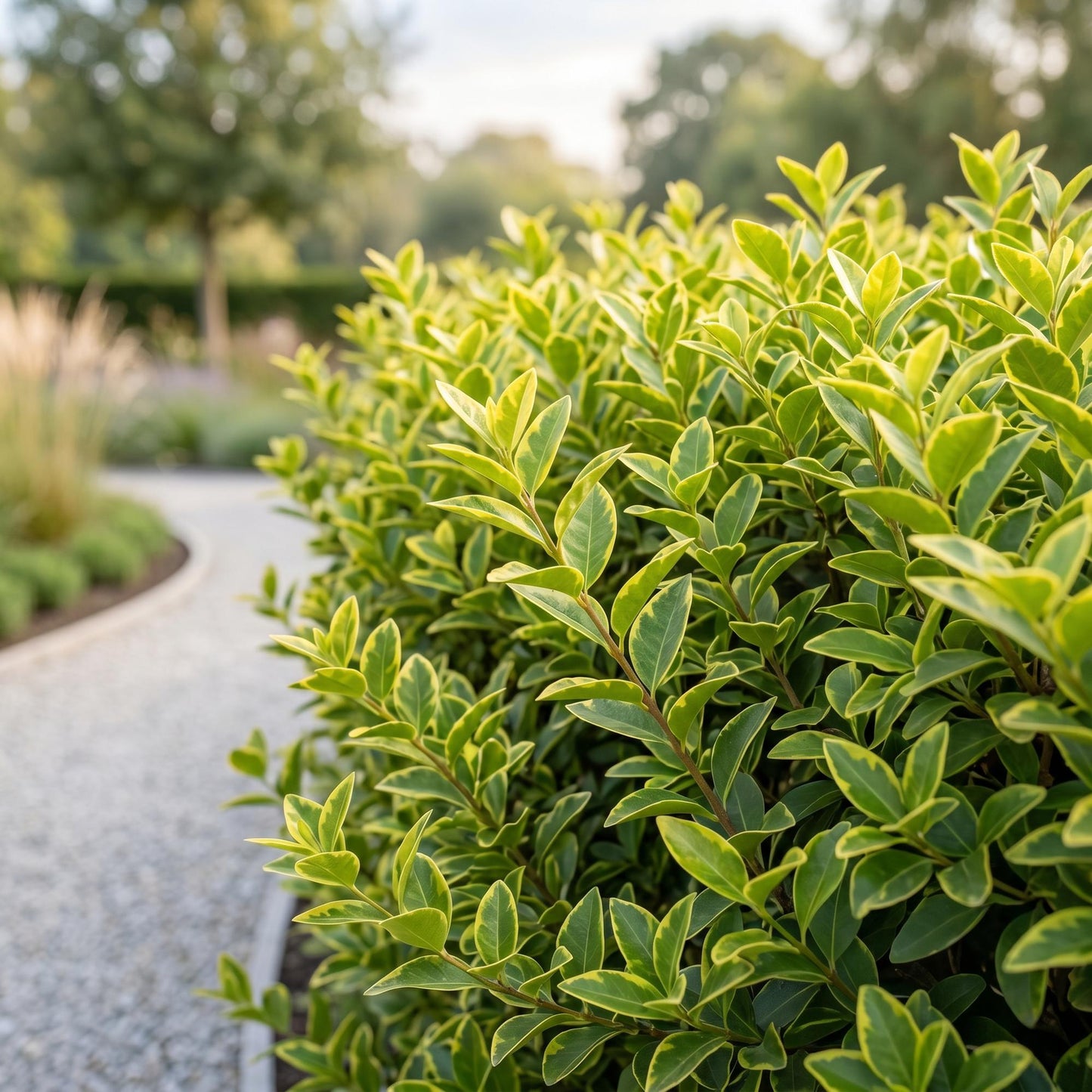 Ligustrum ovalifolium Aureum en haie, feuillage panaché vert et jaune, avec un chemin de gravier en arrière-plan.