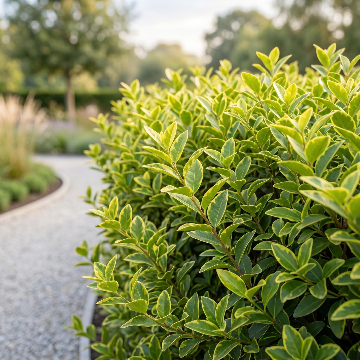 Ligustrum ovalifolium Aureum en haie, feuillage panaché vert et jaune, avec un chemin de gravier en arrière-plan.