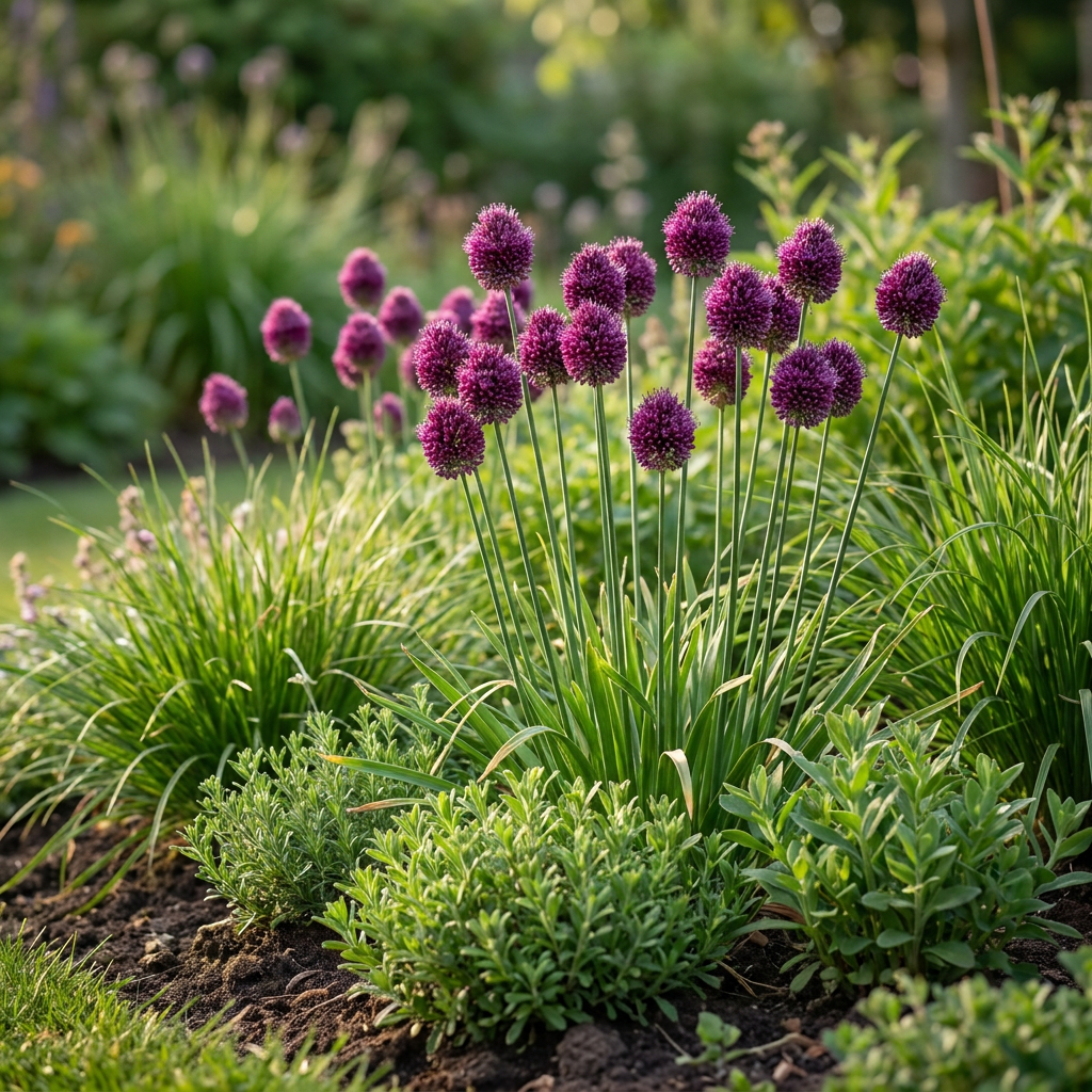 Massif de boules violettes d'Ail à tête ronde (Allium) en fleur dans un jardin ensoleillé.