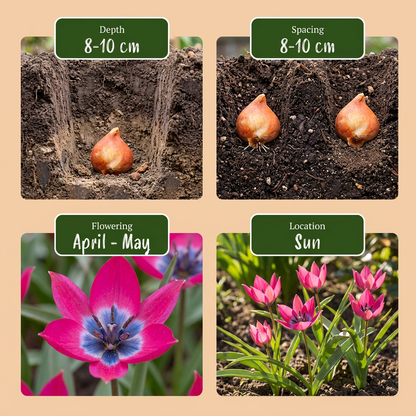 Guide de plantation des bulbes de Tulipe 'Little Beauty' : profondeur, espacement, floraison et exposition.