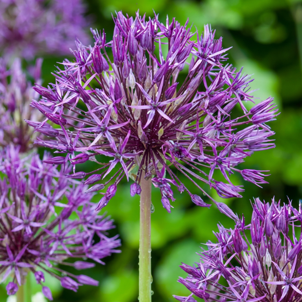 Gros plan sur les inflorescences sphériques violettes de l'Ail d'ornement 'Purple Rain' avec des gouttes d'eau.