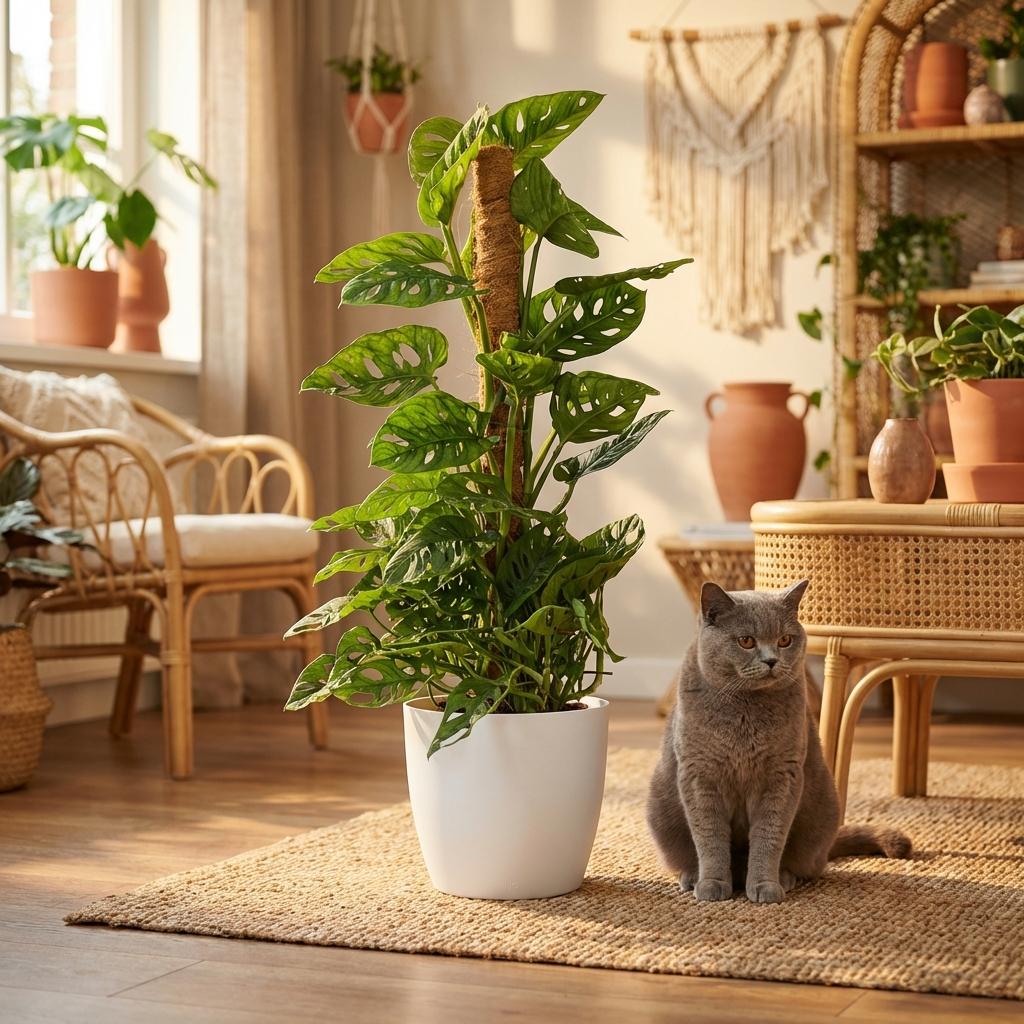 Plante d'intérieur - Monkey Mask - Monstera Adansonii sur Tuteur Mousse - Vert - Entretien facile - 1 Plante - avec Pot Blanc - Pot 19cm - Hauteur 90cm