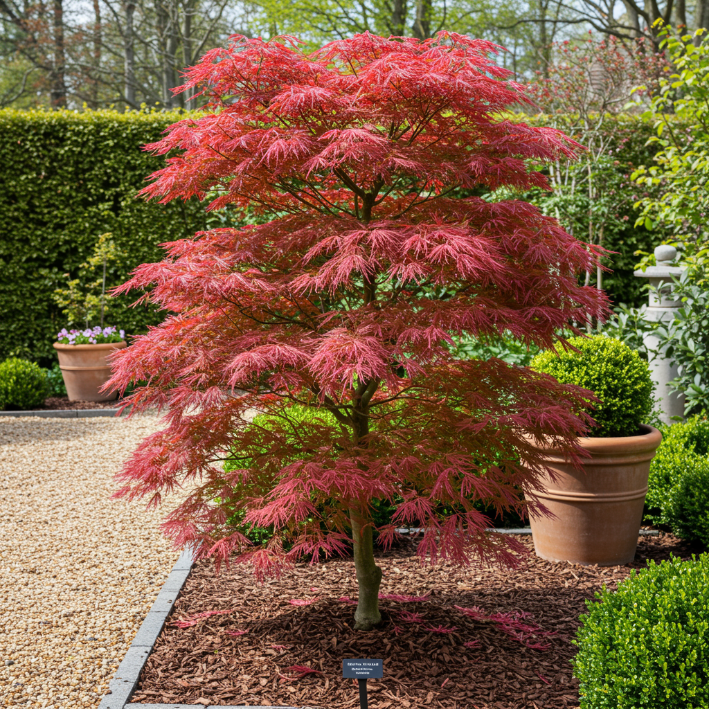 Érable japonais Acer palmatum Beni Maiko aux feuilles rouge vif planté dans un jardin avec un paillis et un chemin de gravier.