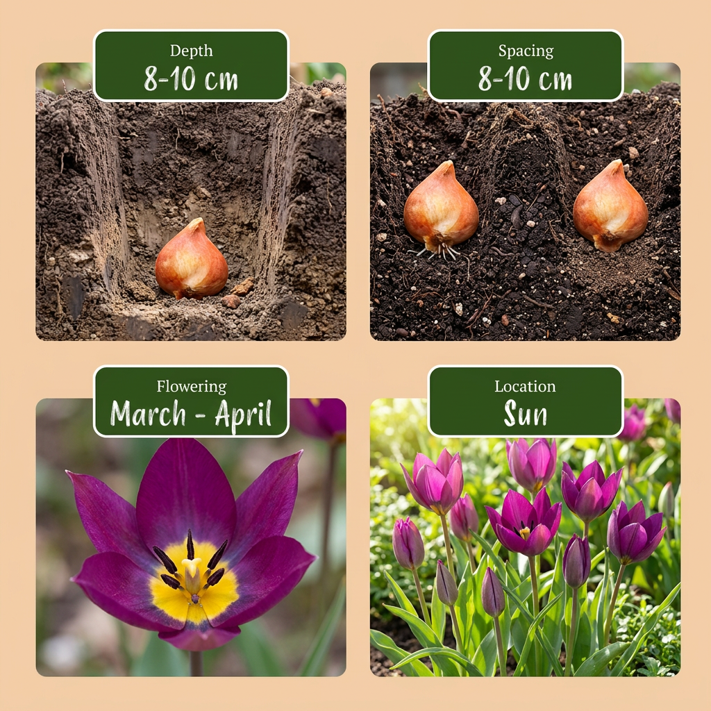 Guide de plantation des bulbes de Tulipe 'Persian Pearl' avec profondeur, espacement, floraison et exposition.