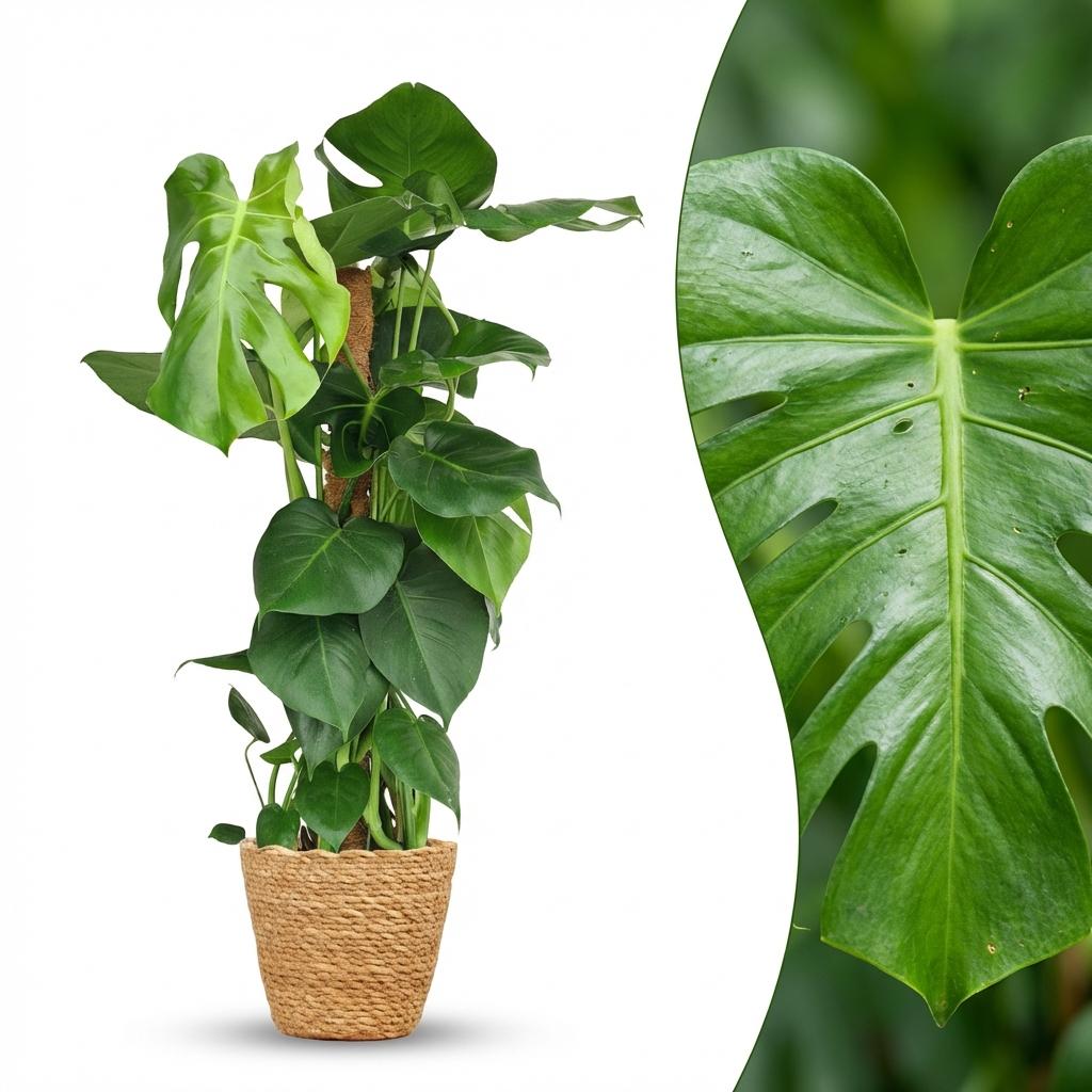 Plante d'intérieur - Monstera Deliciosa sur tuteur - Vert - Entretien facile - 1 Plante - avec Panier - Pot 19cm - Hauteur 90cm