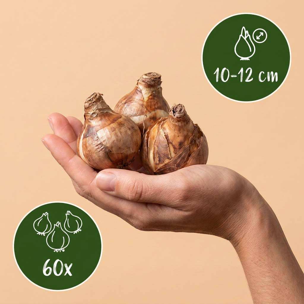 Bulbes de Mélange de bulbes pour jardin humide tenus dans une main, calibre 10-12 cm, lot de 60 bulbes.