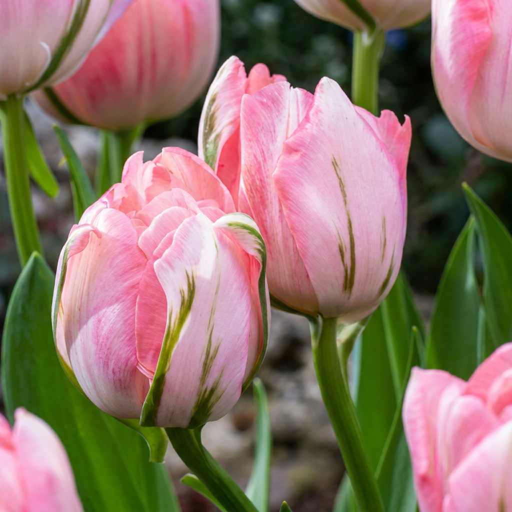Massif de tulipes doubles roses avec des touches de vert sur les pétales, en pleine floraison printanière.