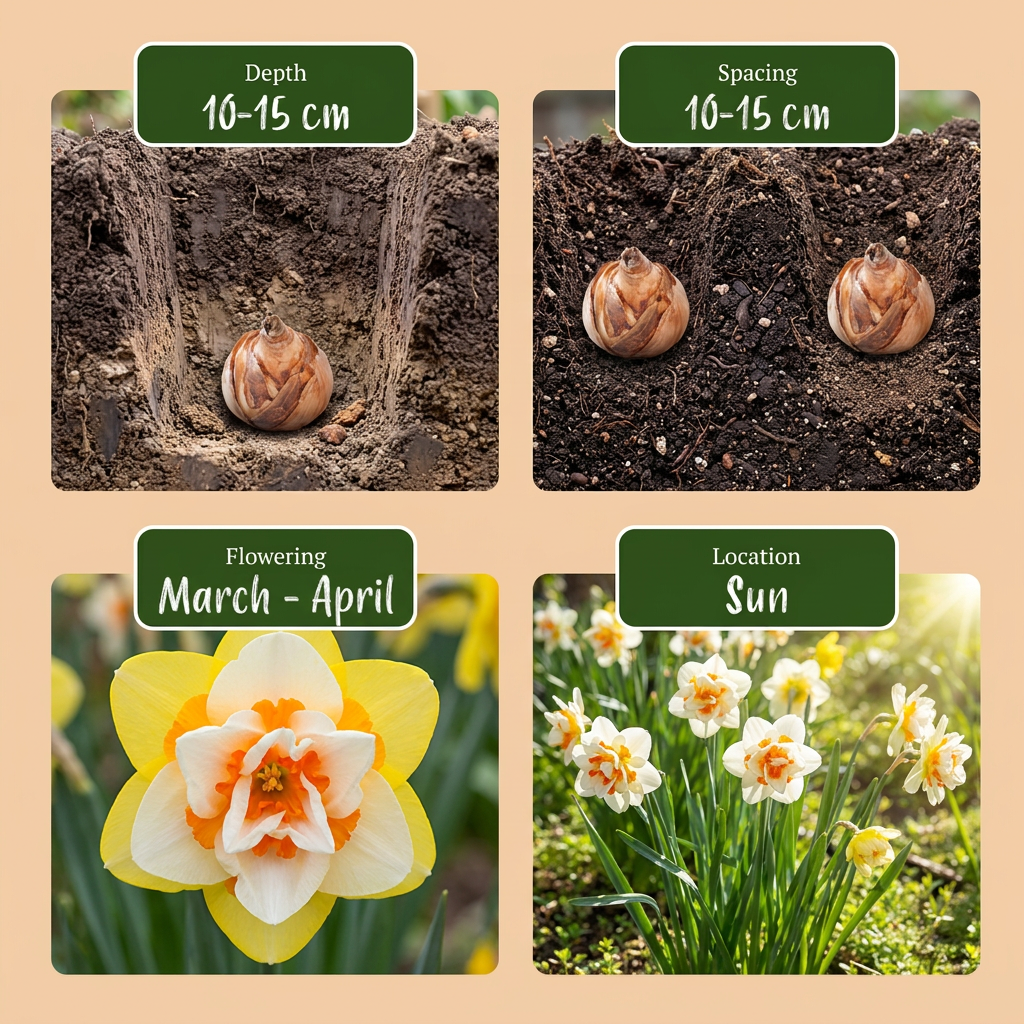 Guide de plantation des bulbes de Narcisse double en mélange, avec profondeur, espacement, floraison et exposition.