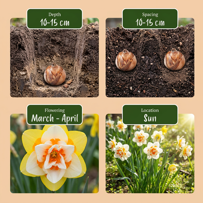 Guide de plantation des bulbes de Narcisse double en mélange, avec profondeur, espacement, floraison et exposition.
