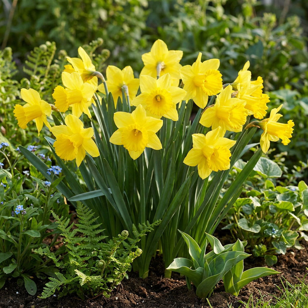 Massif de narcisses 'Carlton' jaunes éclatants en pleine floraison printanière dans un jardin
