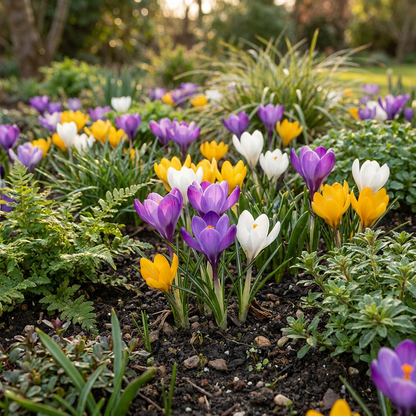 Massif de crocus botaniques en mélange (blanc, jaune, violet) en pleine floraison dans un jardin ensoleillé.