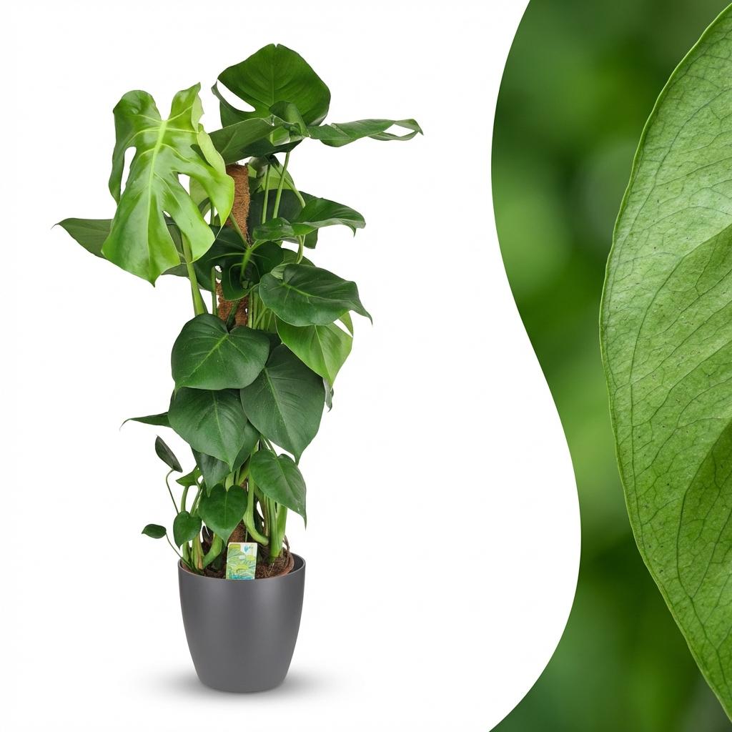 Plante d'intérieur - Monstera Deliciosa sur tuteur - Vert - Peu d'entretien - 1 Plante - avec Potter Gris - Pot 19cm - Hauteur 90cm