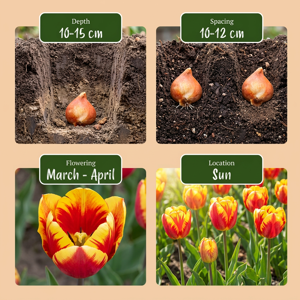 Guide de plantation des bulbes de Tulipe Triumph en mélange, affichant la profondeur, l'espacement, la floraison et