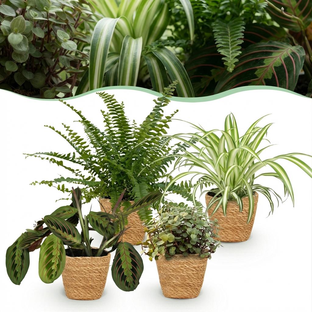 Plante d'intérieur - Chlorophytum - Maranta - Calissia - Nephrolepsis - Mix de 4 - Plantes Amicales pour Animaux - Vert - 4 Plantes - avec Panier - Pot 12cm - Hauteur 25cm