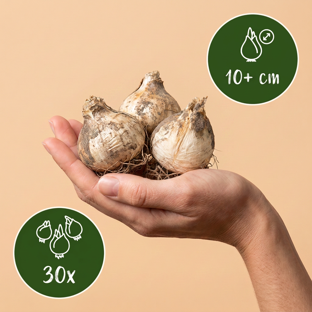Bulbes d'Ail d'ornement 'Miami' tenus dans une main, lot de 30 bulbes.