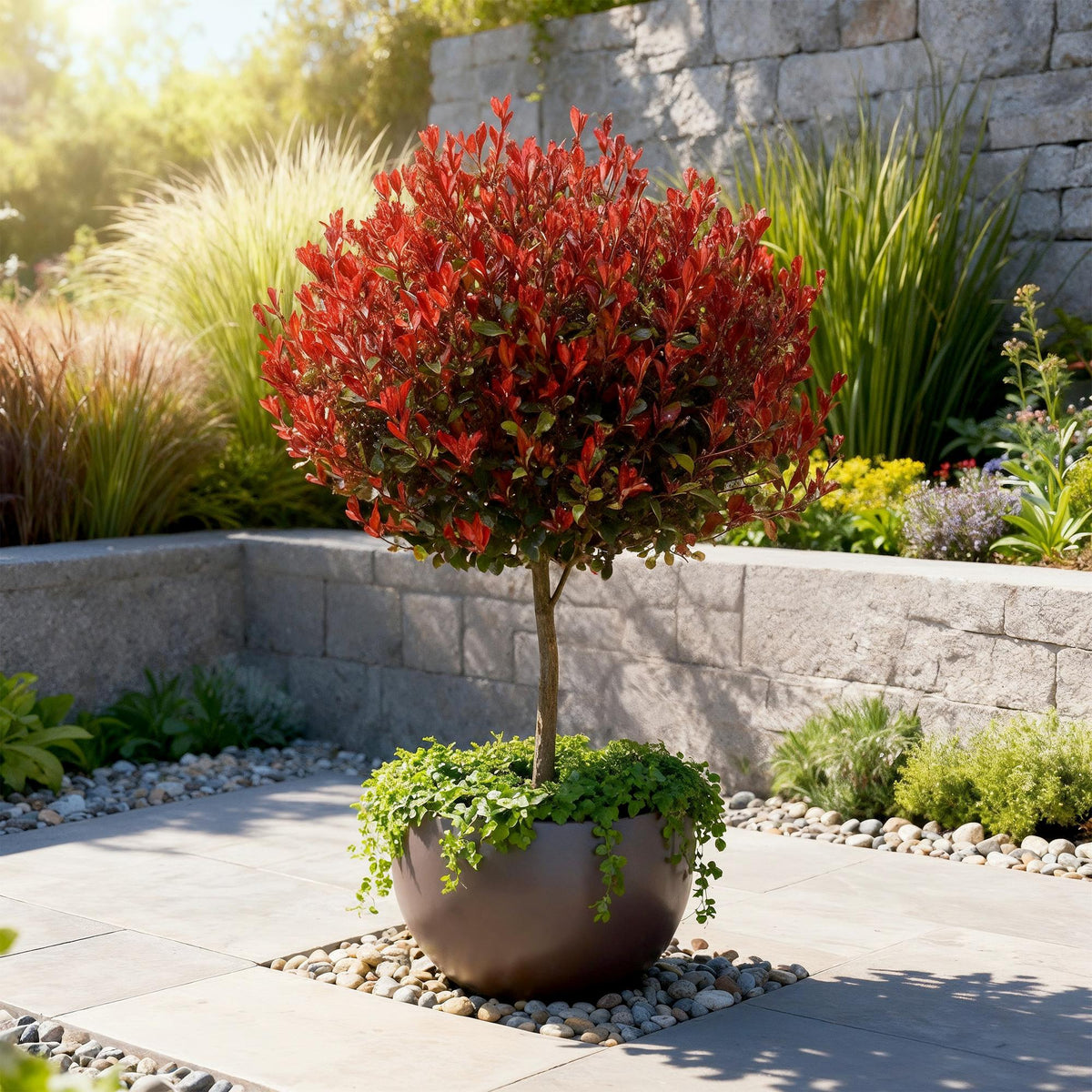 Photinia fraseri Little Red Robin en pot, arbre nain à feuilles rouges vives, décorant une terrasse moderne ensoleillée. Idéal pour jardin o