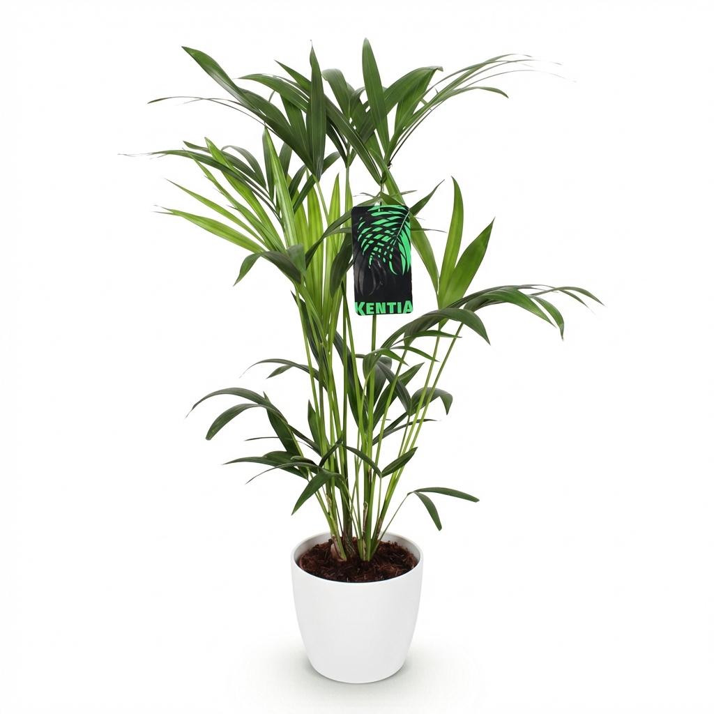 Un Kentia Palm touffu aux longues feuilles vertes en éventail, planté dans un pot blanc épuré