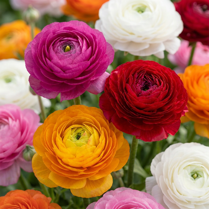 Ranunculus Mix en gros plan, présentant un mélange éclatant de fleurs aux couleurs vives : magenta, rouge, orange, blanc et rose, avec de no