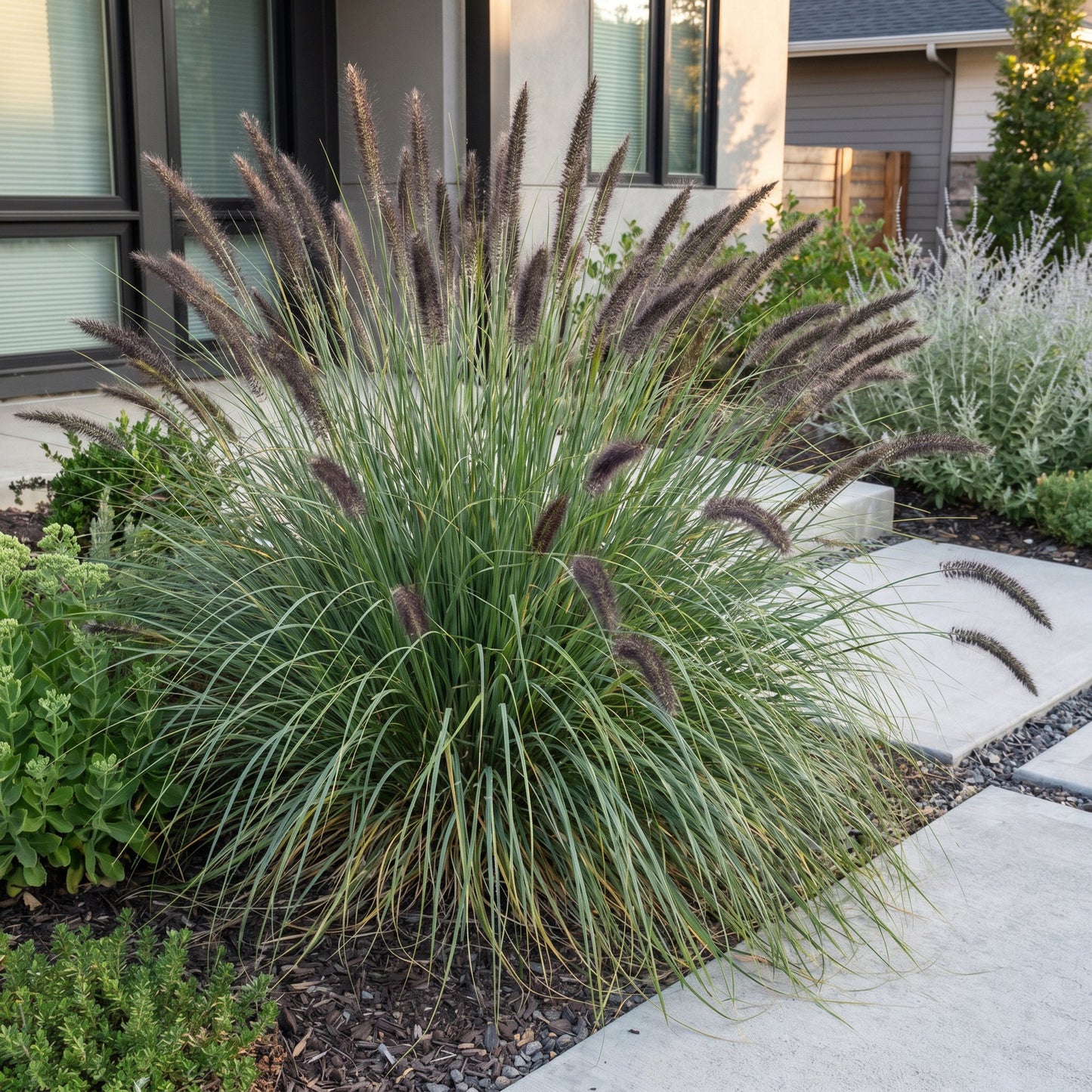 Pennisetum alop. 'Black Beauty', herbe aux lampes. Une touffe d'herbe à la croissance dense et aux épis marron foncé.