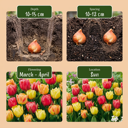 Guide de plantation des bulbes de tulipes 'Symbiosa' en mélange avec profondeur, espacement, floraison et exposition.