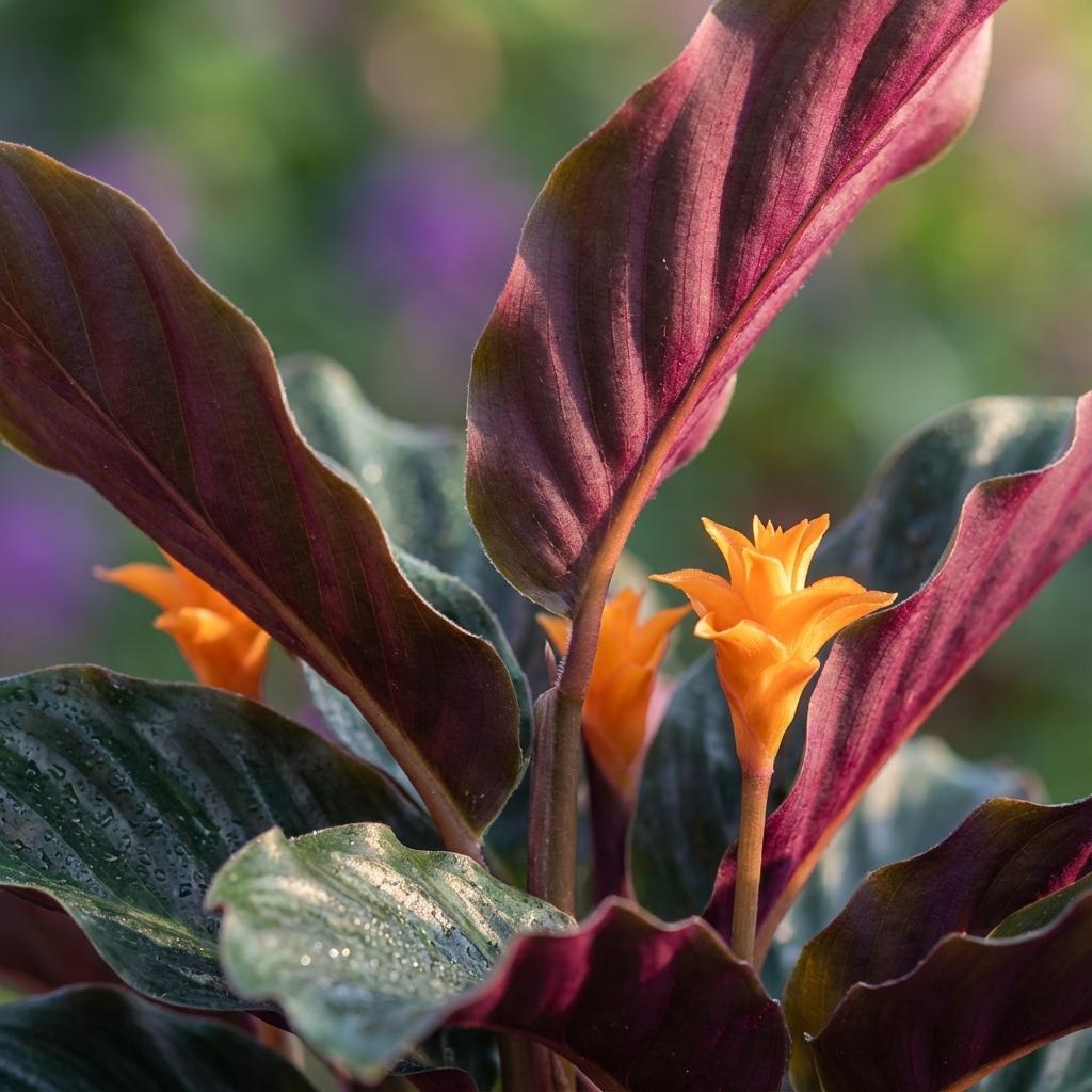 Gros plan sur un Calathea Crocata aux feuilles vert foncé et violettes, avec de vibrantes fleurs oranges