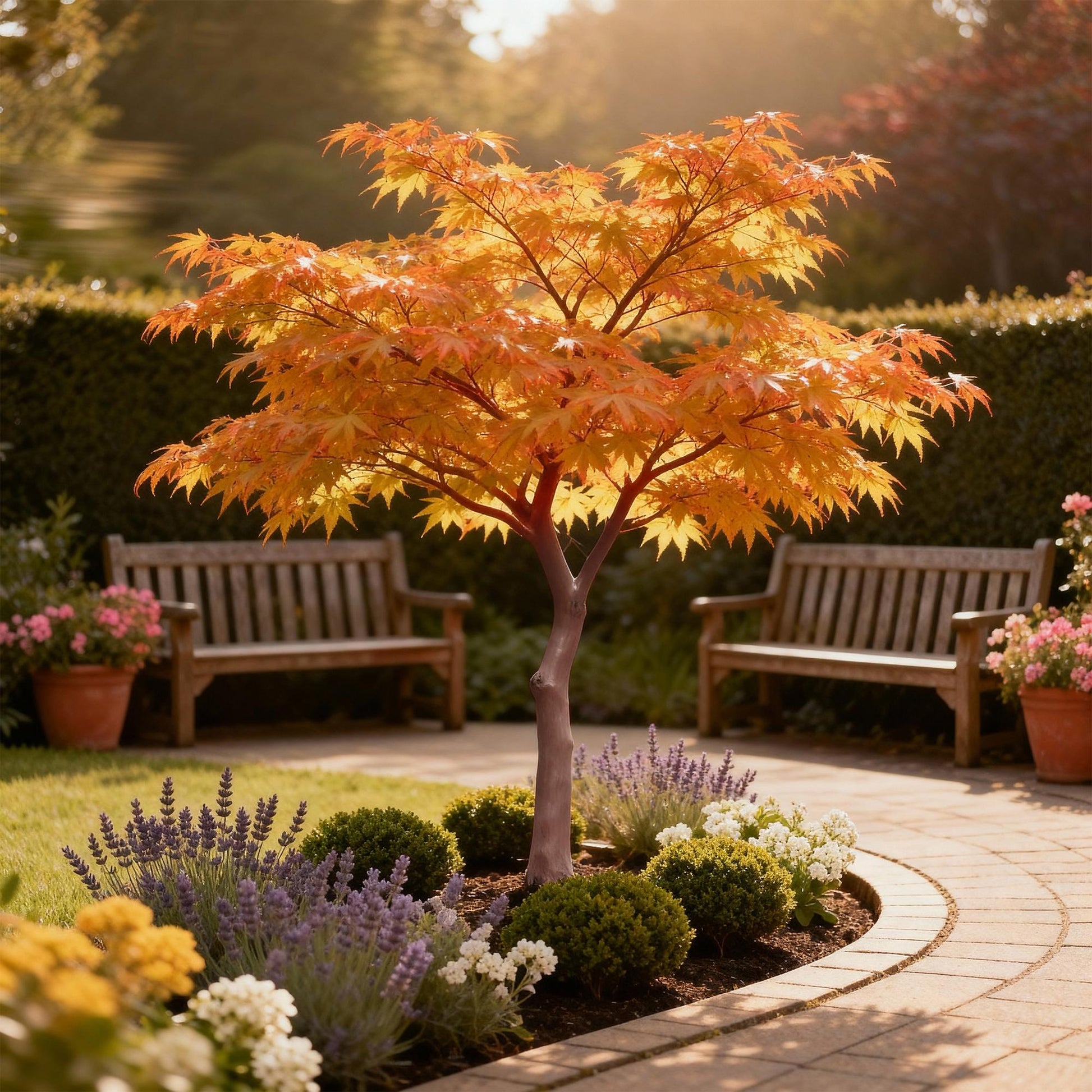 Acer palmatum Sangokaku avec feuillage orange éclatant, planté dans un jardin avec bordure pavée, lavandes et bancs en bois, sous le soleil.