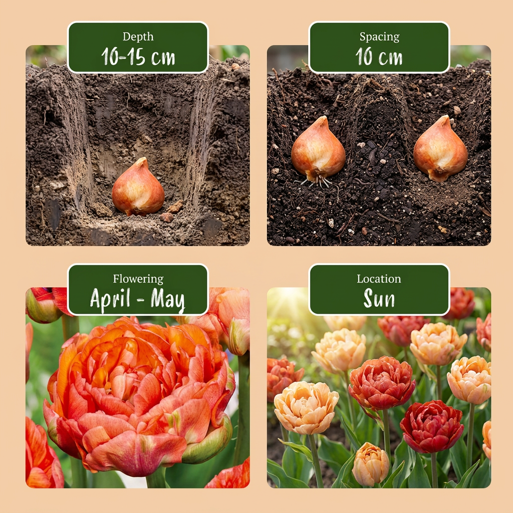 Guide de plantation des bulbes de Tulipe 'Gudoshnik' Double, incluant profondeur, espacement, floraison et exposition.