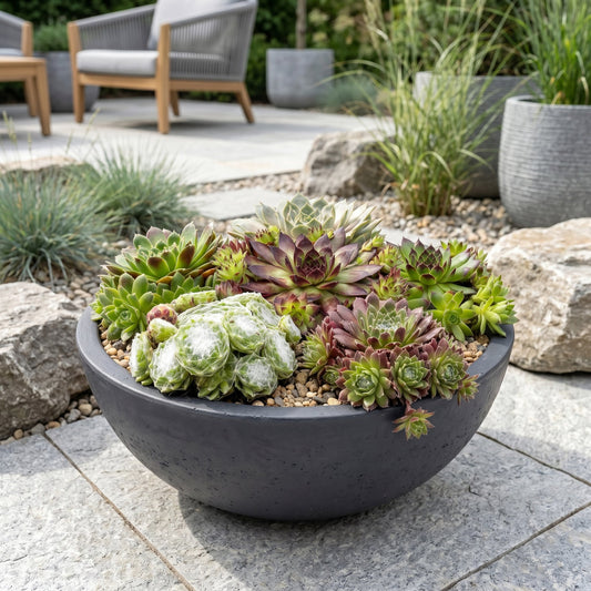 Sempervivum Big Sam variés, aux rosettes vertes et bordeaux, dans une grande vasque sombre sur une terrasse aménagée, avec des chaises en ar
