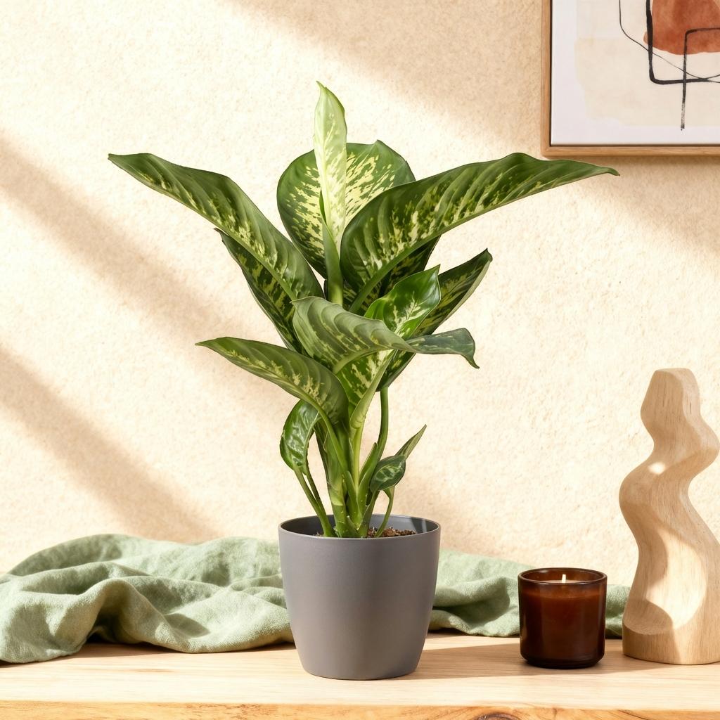 Dieffenbachia aux larges feuilles vertes et panachées de crème dans un pot gris, posée sur une étagère en bois