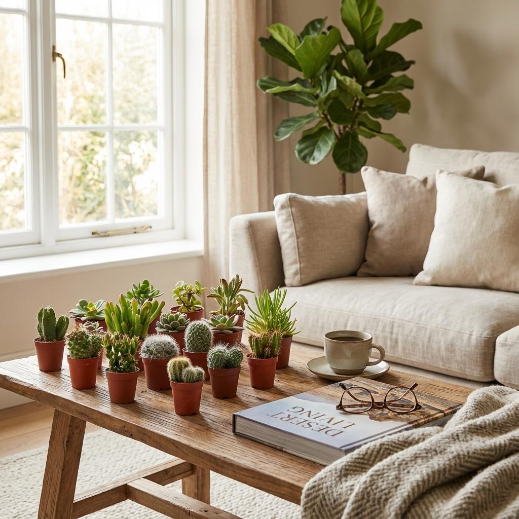 Mélange de cactus et succulentes en situation dans un intérieur