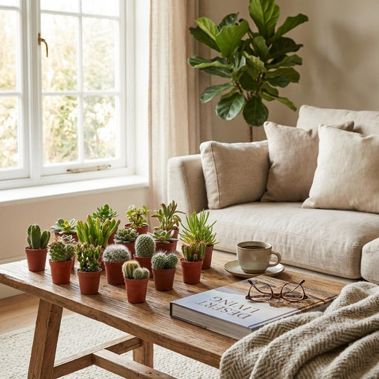 Mélange de cactus et succulentes en situation dans un intérieur
