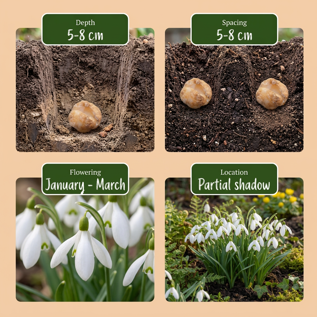 Guide de plantation des bulbes de Perce-neige géant : profondeur, espacement, floraison et exposition.