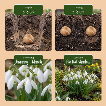 Guide de plantation des bulbes de Perce-neige géant : profondeur, espacement, floraison et exposition.