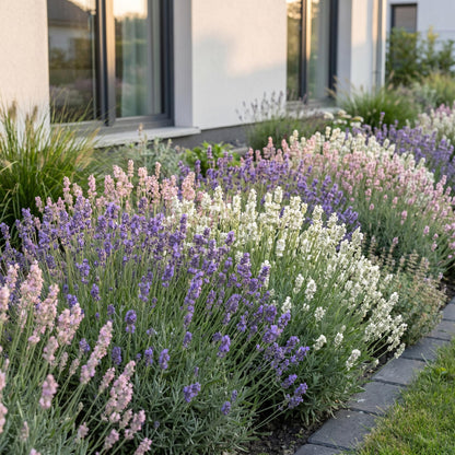 Lavande tricolore (Lavandula Tricolour) en pleine floraison dans un jardin, avec des fleurs blanches, violettes et roses le long d'une haie.