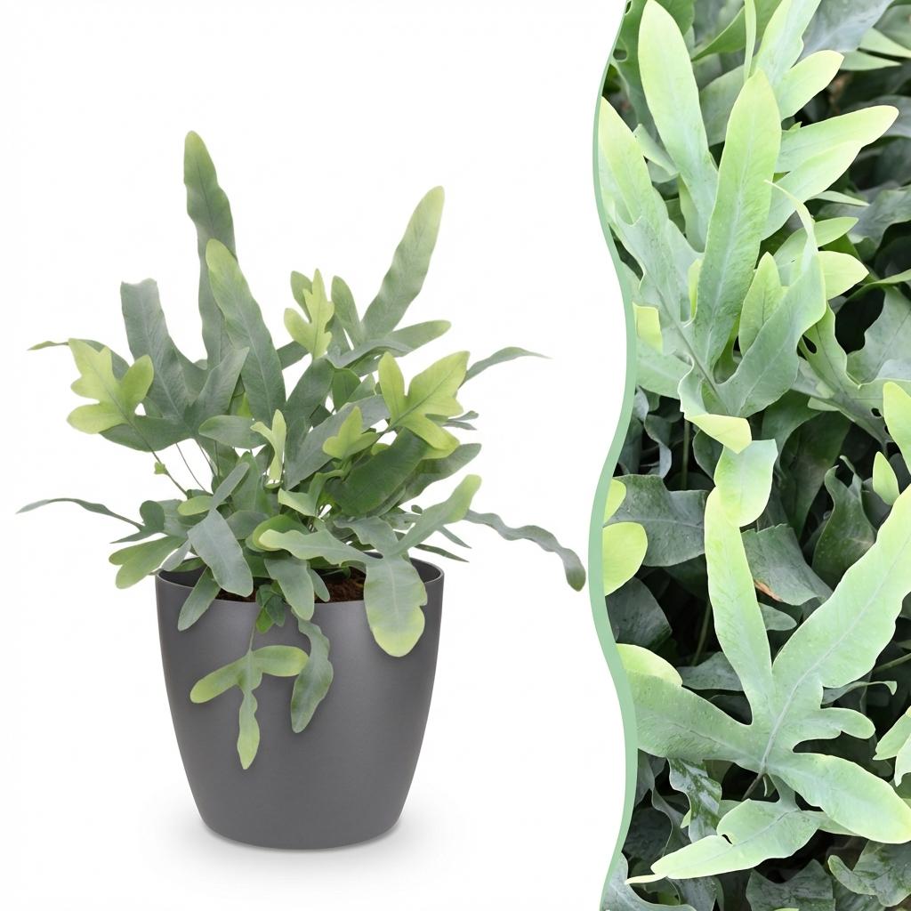 Un Phlebodium aureum Blue Star aux feuilles bleutées et ondulées, dans un pot gris foncé et neutre