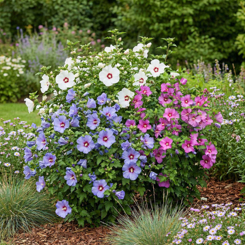 Hibiscus syriacus Tricolour (Hibiscus syriacus), arbuste fleuri rustique, Pot 17 cm, Hauteur 45 cm