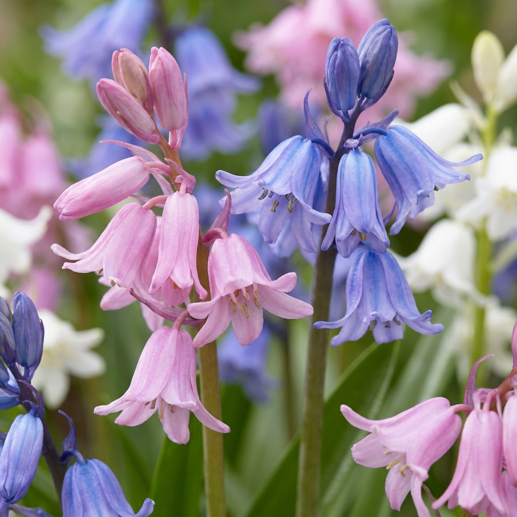 Jacinthes des bois d'Espagne en mélange, montrant des fleurs épanouies roses, bleues et blanches.