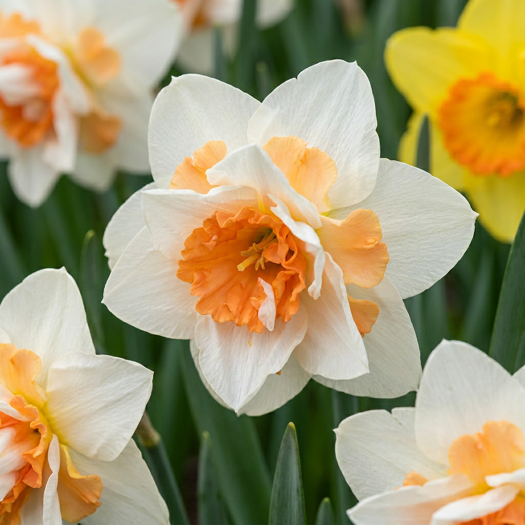 Gros plan sur une fleur de narcisse 'Replete' blanche à cœur orange vif, avec d'autres fleurs en arrière-plan.