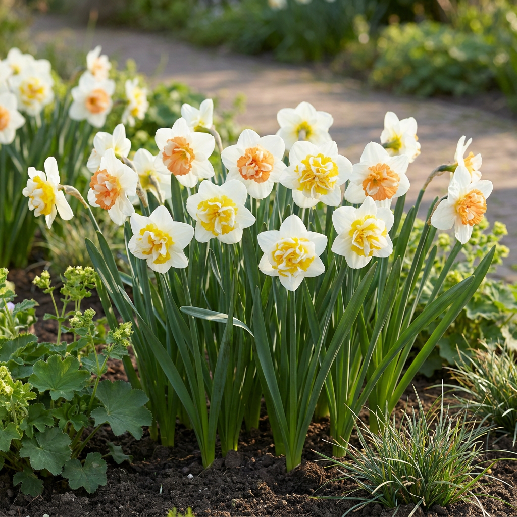 Massif de narcisses 'Macaron Bloss' à fleurs blanches et jaunes ou orangées, dans un jardin ensoleillé.
