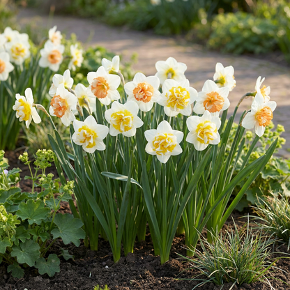 Massif de narcisses 'Macaron Bloss' à fleurs blanches et jaunes ou orangées, dans un jardin ensoleillé.