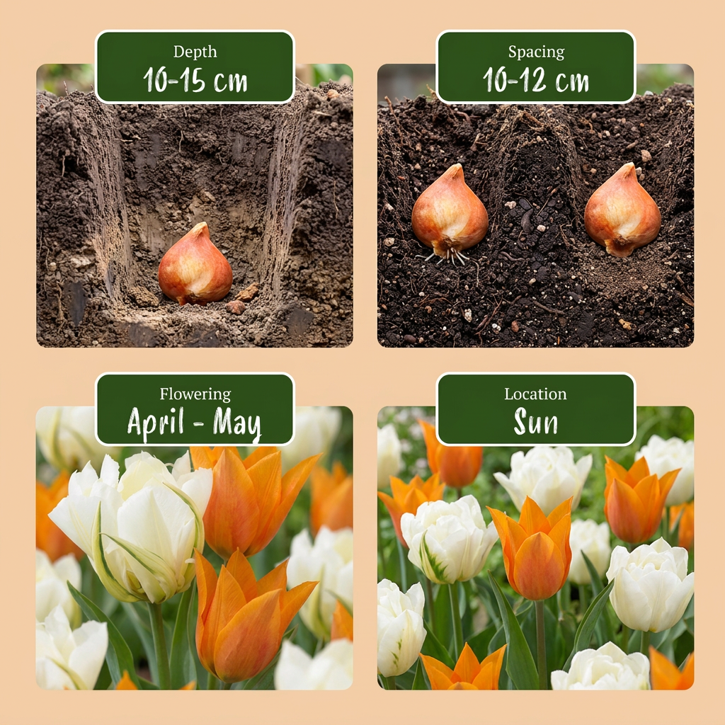 Guide de plantation des bulbes de Tulipe 'Sunbath' avec profondeur, espacement, période de floraison et exposition.